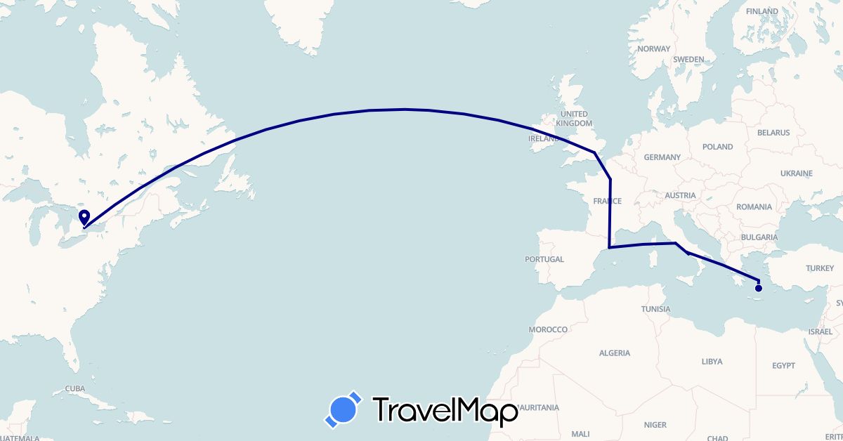 TravelMap itinerary: driving in Canada, Spain, France, United Kingdom, Greece, Italy (Europe, North America)
